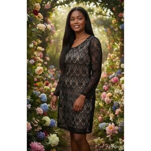 ✨Tacera Lace Overlay Sheath Dress Long Sleeve Lined Knee Length Womens Medium #